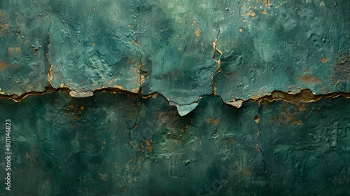  green and gold hues dominate, contrasting with peeling paint