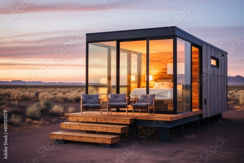 A small, minimalist caravan home stands alone in the vast desert landscape under a clear sky. Generative AI