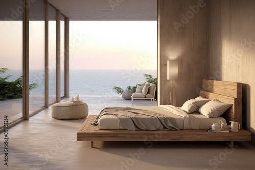 A minimalist bedroom with a spacious bed positioned to face the vast ocean view through the window. Generative AI