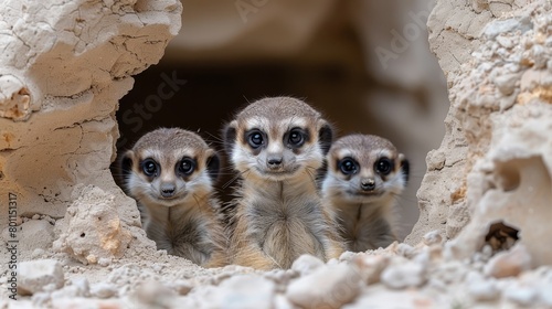  Three meerkats gaze from their hole in a rugged rock wall, surrounded by intricate stone texture behind them