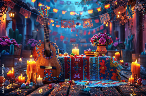 Vibrant Day of the Dead altar with decorated guitar, candles, and flowers, set in a festive atmosphere with colorful decorations.