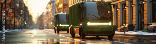 Two green electric delivery trucks are driving down a city street