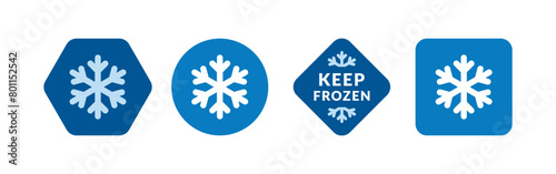 Keep frozen food vector labels. Blue snowflake flat icon symbol for packages, stickers, web, badges, logo, banner, poster.