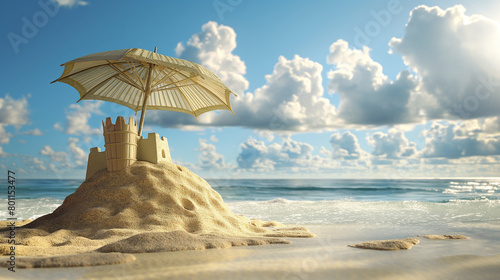 Sculpted Sand Castle Under Beach Umbrella by the Sea