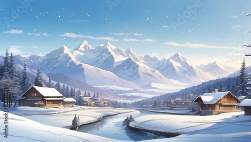 snowy winter landscape of village in mountains. beautiful view for banner, poster, web, social media. generative ai