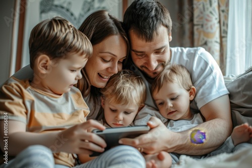 Happy young family having fun time at home. Parents with children using digital device, Generative AI