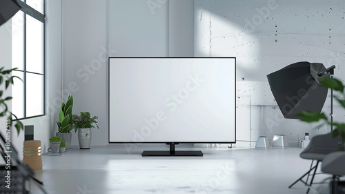 A blank chroma TV mockup takes center stage in a professional virtual studio background, inviting you to showcase your content with impeccable clarity and realism 