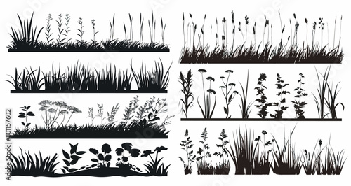 Illustration grass border, flower summer line. Landscape lawn elements isolated symbols.