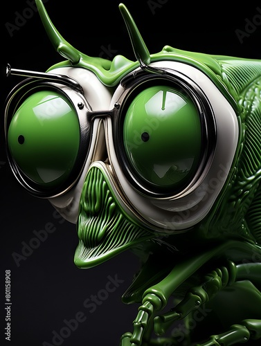 A green bug-eyed alien wearing horn-rimmed glasses stares at the camera.