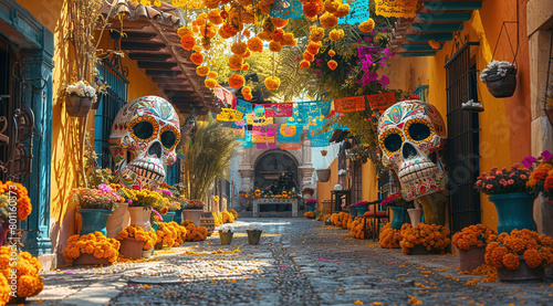 Colorful street decorated for Day of the Dead with marigolds, papel picado, and large skull sculptures in Mexico.