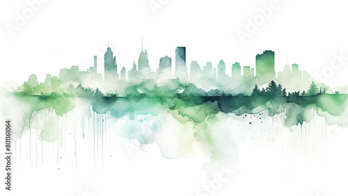 green eco silhouette of the city, illustration on a white background, cityline liquid paint, insulated print, logo
