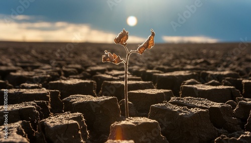 Plant Shriveled in Drought - Global Warming and Climate Change - Sprout dying from Heat and lack of Water - Dead Seedling in a field of dried up Earth or Desert