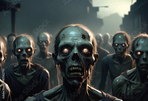 A group of zombie-like creatures with pale, decaying skin and sunken eyes in a dark, gloomy environment
