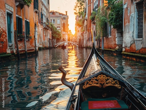 Embarking on a Romantic Gondola Ride in a Picturesque Canal - Romance - Dreamy Travel Photography - Soft Sunset Reflections on Water 