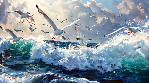 many birds is flying on the ocean