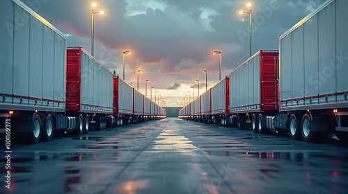Delivery trucks lined up at a distribution center, ready for dispatch across the country. Generative AI.