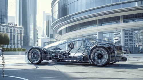 A concept car with a transparent hood and doors, showcasing its intricate engine and inner mechanisms, parked in a futuristic city square.