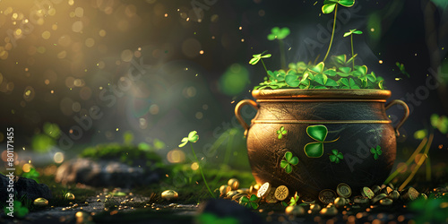 Golden Pot full of coins and green shamrocks, Saint Patrick's Day celebration wallpaper 