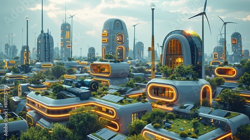 An eco-friendly utopian cityscape, where renewable energy sources are seamlessly integrated into the urban infrastructure. solar panels, wind turbines adorn the futuristic buildings. Generative AI.