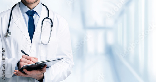 Quality Medical Services. Unrecognizable Doctor In Uniform Taking Notes To Clipboard