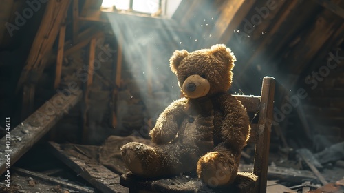 Worn-Out Teddy Bear's Forgotten Attic Reign Amidst Dust and Nostalgia