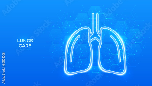 Lungs icon. Human respiratory system lungs anatomy. Treatment of lung diseases tuberculosis, pneumonia, asthma. Molecular structure. Blue medical background with hexagons. Vector illustration.