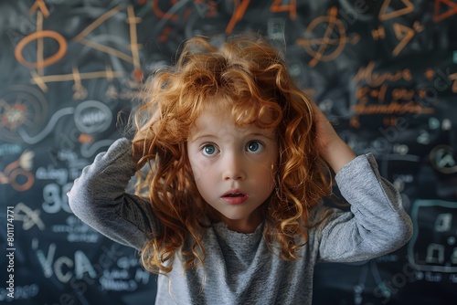 Youthful Intrigue: A Child Puzzled by a Complex Math Problem on a Chalkboard