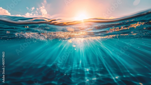 Majestic ocean with sun rays reflecting on clean, blue water, creating a stunning seascape