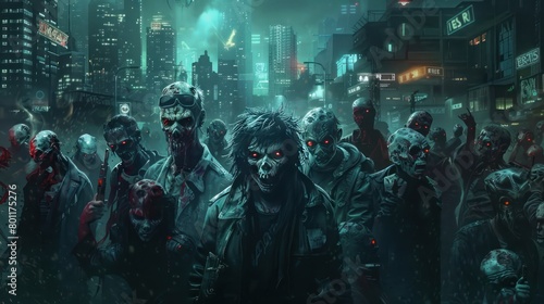 Dramatic view of cyberpunk city street full of zombie creatures AI generated image