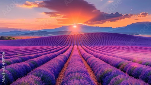 Scenic view of a stunning french lavender flowers field glowing in the enchanting light of sunset
