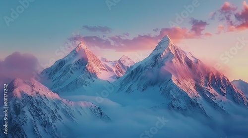 A snow-capped mountain range is shown in the distance with a clear blue sky above. The mountains are covered in snow and the sun is rising or setting behind them, casting a pink and purple glow on the