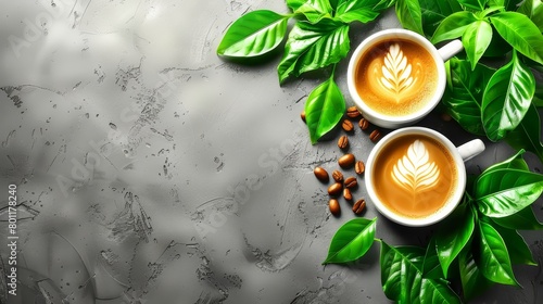  Two cups of cappuccino on a table against a gray backdrop, surrounded by coffee beans and lush green leaves