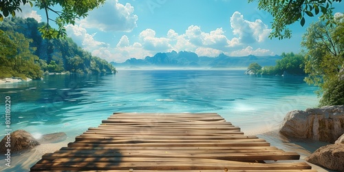A horizontal wooden plank bridge is in front of the scene. Behind are beautiful beaches and islands. Generative AI.