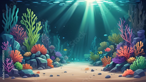 Deep underwater seabed with corals, seaweeds and stones on sand bottom. Cartoon vector illustration of empty ocean or aquarium floor with tropical plants and light rays. Marine landscape with algae
