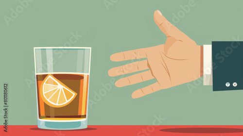 A conceptual illustration showing a hand rejecting an alcoholic drink with a lemon slice, symbolizing sobriety or abstinence.