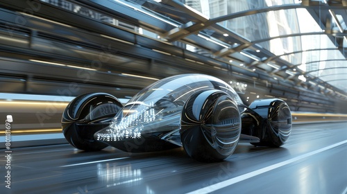 A high-performance car with transparent side panels and a glass dome cockpit, racing through a futuristic city tunnel. 