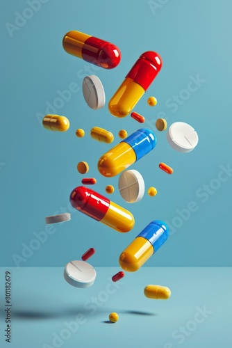 Flying pills and capsules pharmacy and medicine with antidepressants and vitamins concept