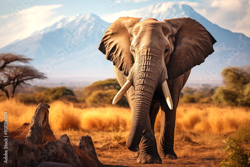 A male elephant in front of Mount Kilimanjaro in Kenya National Park, Africa