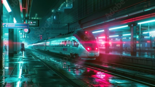 View of a fast train stopping at a modern station in a cyberpunk city AI generated image