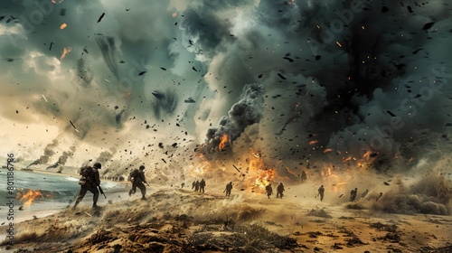 Intense Combat Scene on a Battle-scorched Beach