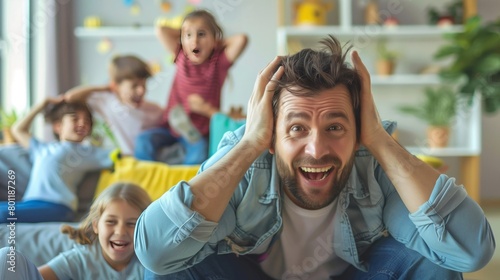 Overwhelmed parent with noisy children in the background concept of managing kids during summer break 