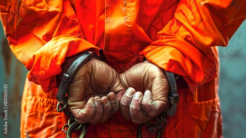 Close-up of a person in orange prison jumpsuit with handcuffed hands. Concept of incarceration. Law, justice theme. Capturing the essence of penal control. AI