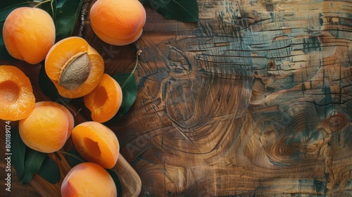 Fresh apricots on rustic wooden background. Top view food photography with natural light