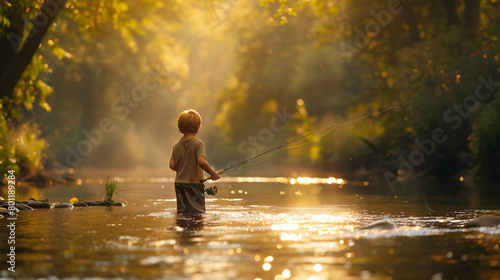 Little boy fishing on river