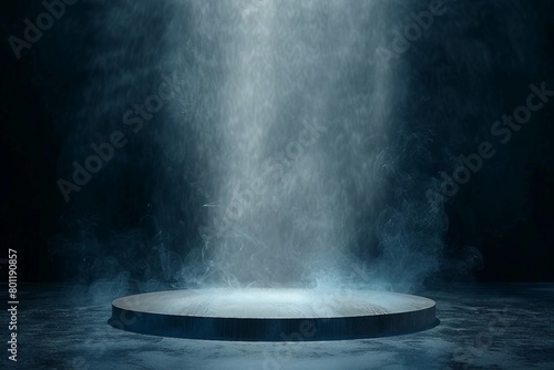 The empty wooden cylinder shape of product display Podium, Stand for showing or design blank backdrop dark abstract wall with smoke float up. Platform illuminated by spotlights. generative ai