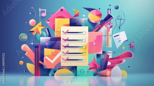 A creative abstract illustration depicting a to-do list concept, featuring stylized text and check marks, with a blend of vibrant colors and shapes, symbolizing organization and productivity