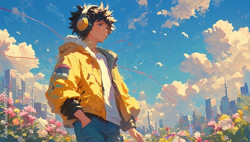 A boy in an anime style wearing a yellow jacket and blue jeans, standing amidst flowers with buildings and a sky background in the style of an anime