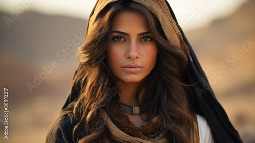 A young beautiful Bedouin woman posing in traditional desert attire