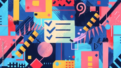 A creative abstract illustration depicting a to-do list concept, featuring stylized text and check marks, with a blend of vibrant colors and shapes, symbolizing organization and productivity