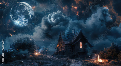 A stream of clouds and wood fires around the medieval house. with the moon and stars in the night sky. Generative AI.